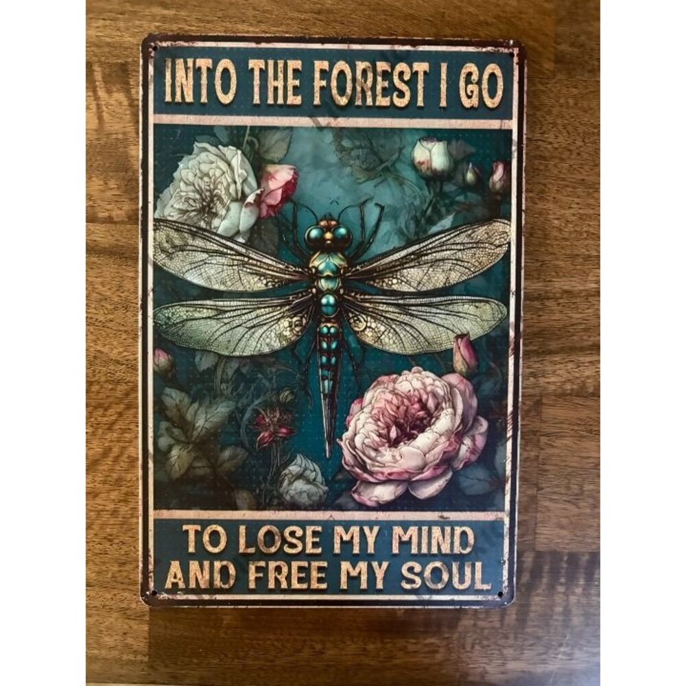 "Into The Forest I Go" Dragonfly Vintage Style Metal Sign 12x8 – Nature Lover Wa